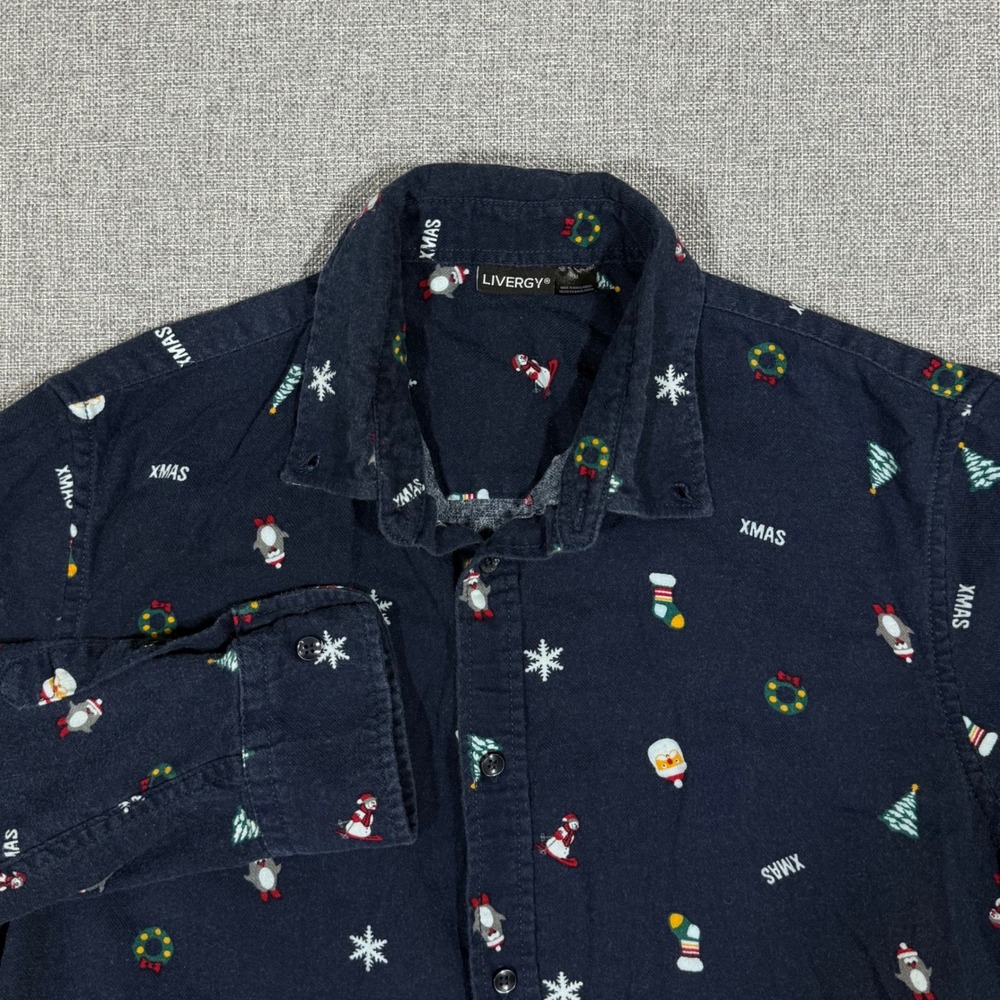 Livergy Christmas Button Down Mens M Navy Blue Holiday Penguin Festive Shirt